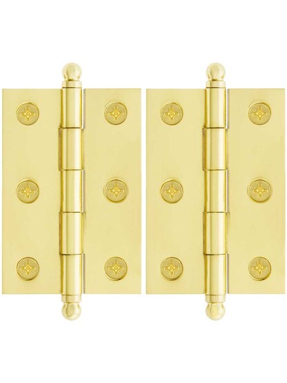 Premium Solid Brass Ball-Tip Cabinet Hinges Pair - 2 1/2 inch by 1 3/4 inch in Polished Brass.